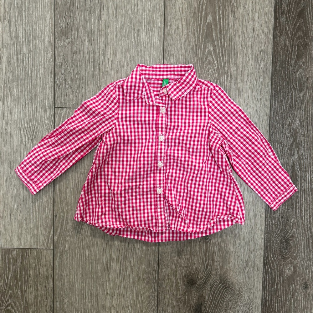 UNITED COLORS OF BENETTON BUTTON UP LONG SLEEVE PINK WHITE GINGHAM 12-18MO 1Y